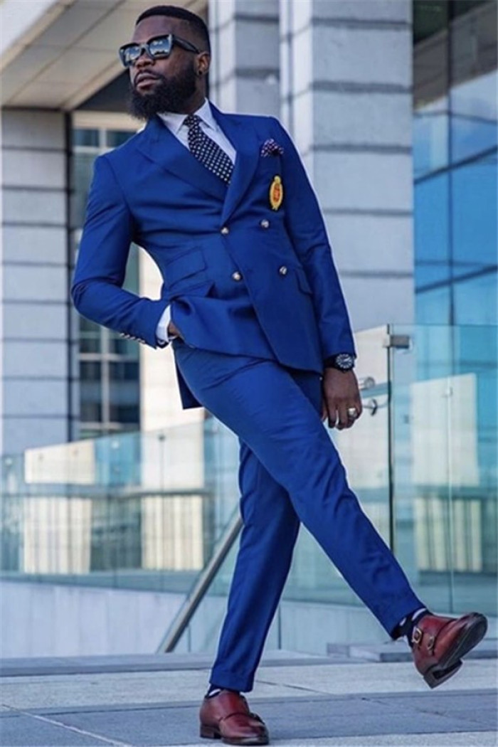 Fashion Royal Blue Double Breasted Peaked Lapel Formal Mens Suit