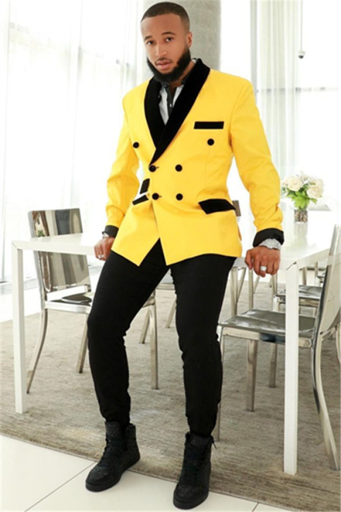 Stylish Yellow Double Breasted Close Fitting Mens Suits with Black Shawl