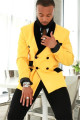 Stylish Yellow Double Breasted Close Fitting Mens Suits with Black Shawl