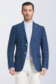 Casual Peak Lapel Navy Blue Linen Plaid Suit Jacket Blazers