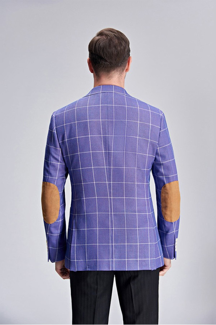 Chic Plaid Violet Purple Elbow Patch Blazer Jacket for Men