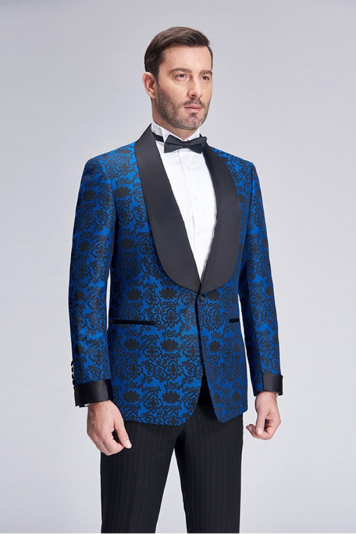 Elegant Black Shawl Lapel Blue Jacquard Wedding Suit Blazers for Men