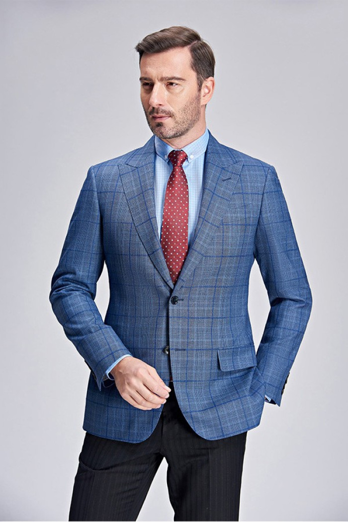Peak Lapel Plaid Blazer for Men | Fashion Blue Blazer Jacket