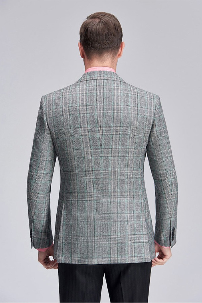 Fashion Green Plaid Patch Pocket Grey Mens Business Suit Blazer Jacket