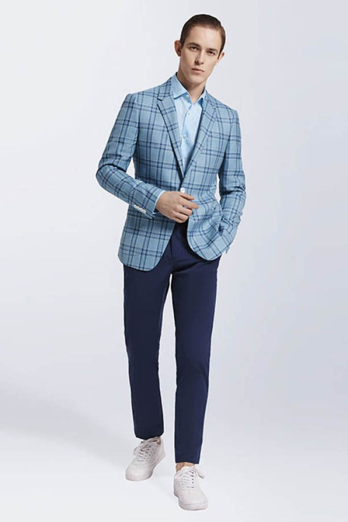 Chic Light Blue Plaid Suit Blazer Jacket Casual for Prom