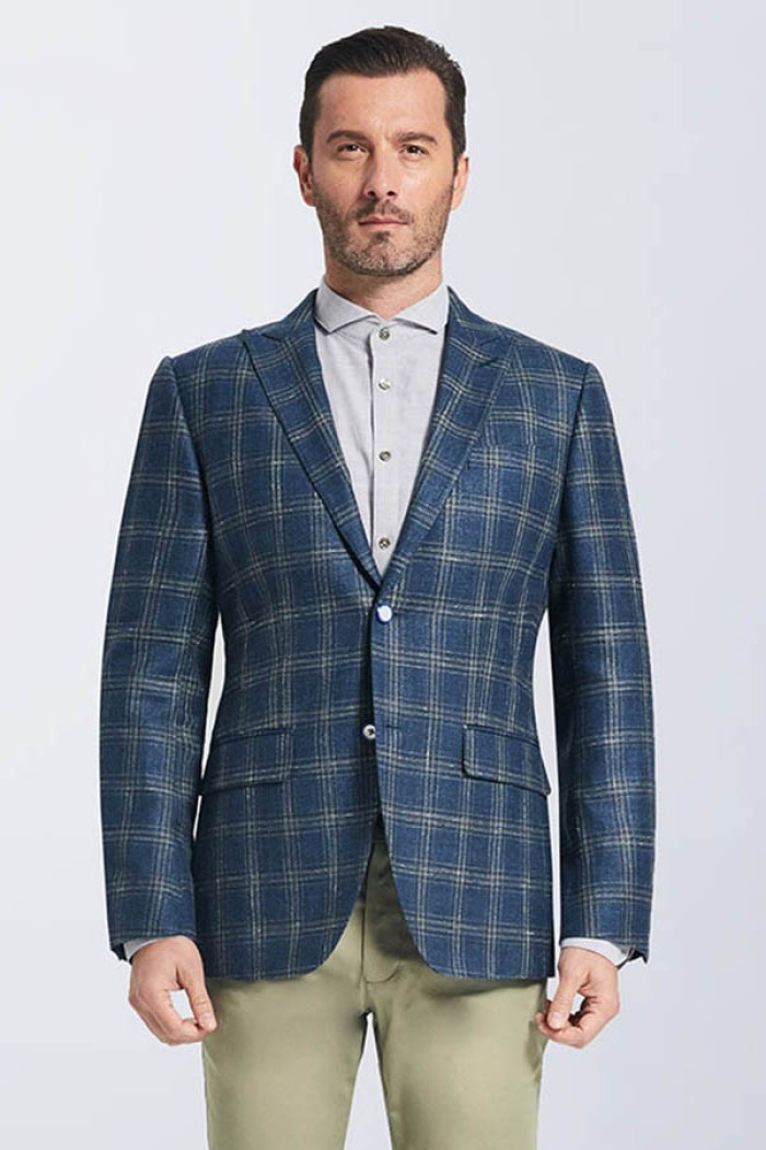 Chic Peak Lapel Navy Blue Plaid Suit Blazer Jacket for Men