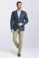 Chic Peak Lapel Navy Blue Plaid Suit Blazer Jacket for Men