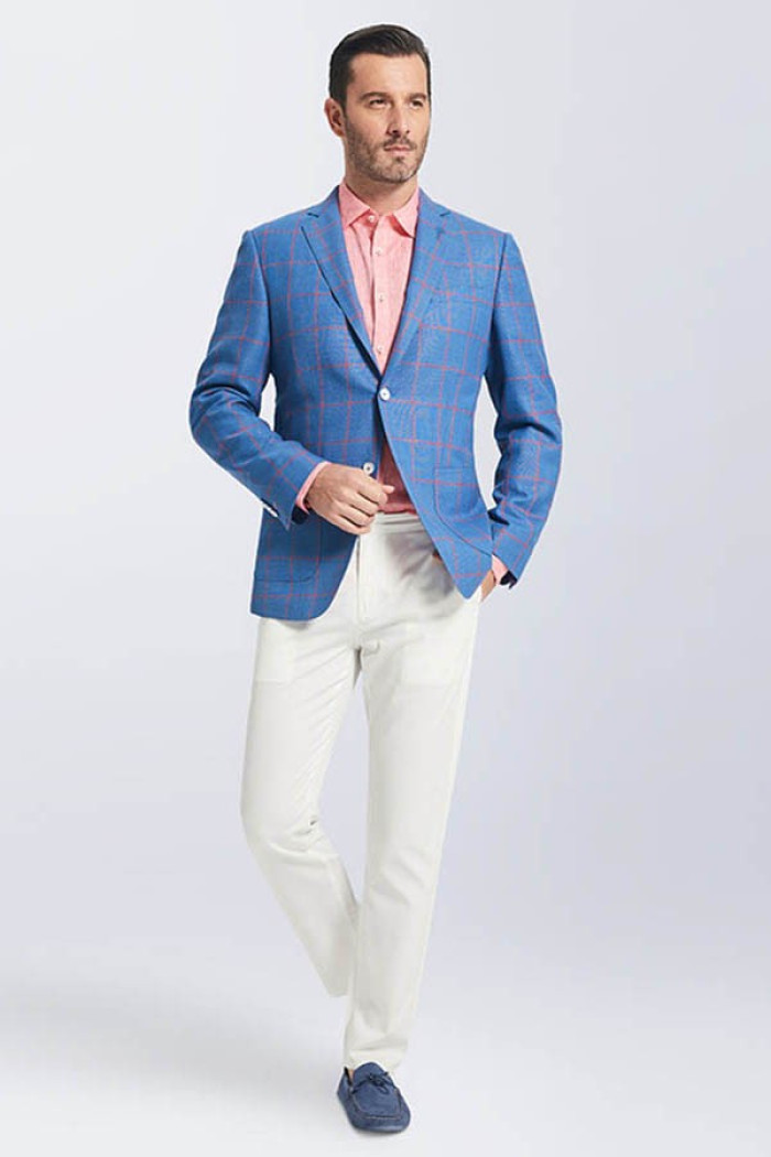 Fashion Patch Pocket Blue Blazer Jacket | Pink Plaid Blazer for Men