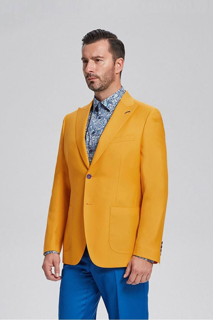 Shiny Yellow Peak Lapel Patch Pocket Fashionable Men Blazer Jacket