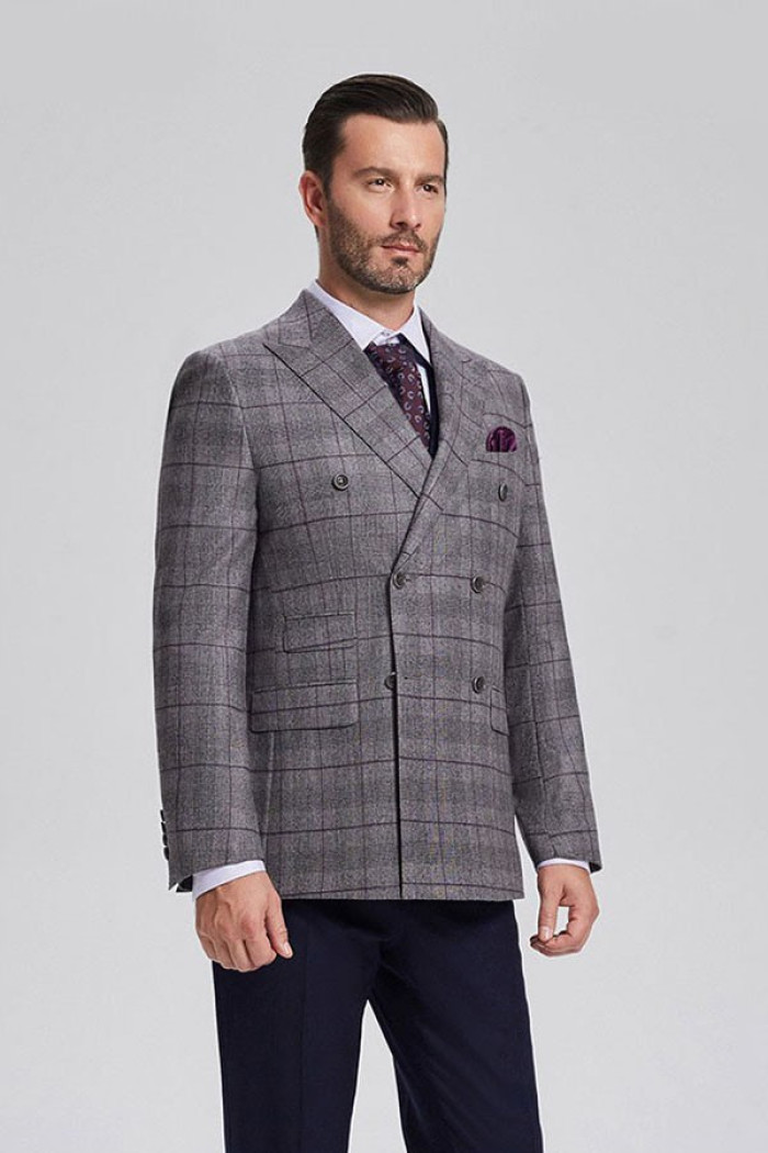 Classic Grey Plaid Double Breasted Blazer Jacket for Men