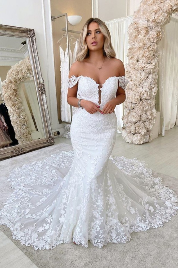 Charming Off The Shoulder Mermaid Appliques Lace Backless Wedding Dresses
