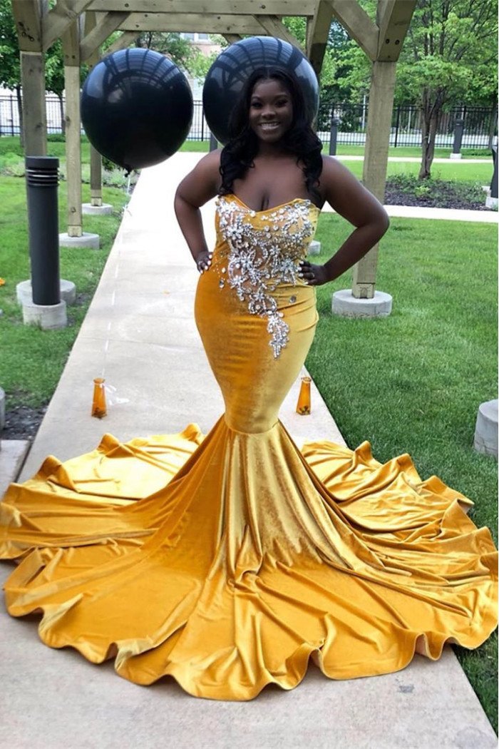 Yellow Velvet Sweetheart Beading Mermaid Long Plus Size Prom Dresses