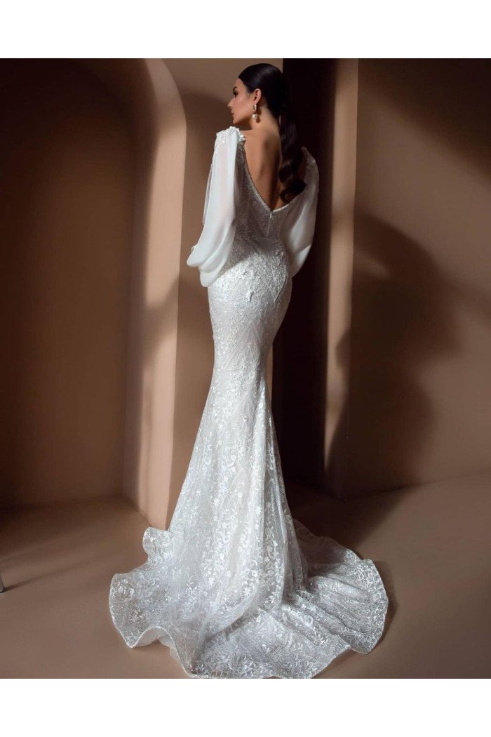 Elegant White Floral Lace Mermaid Long Sleeve Sweetheart Wedding Dresses
