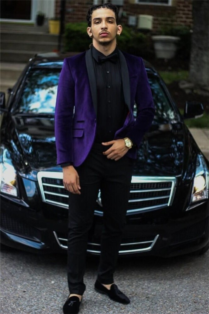 New Arrival Purple Velvet Prom Party Suits | Two Piece Men Suit with Black Lapel