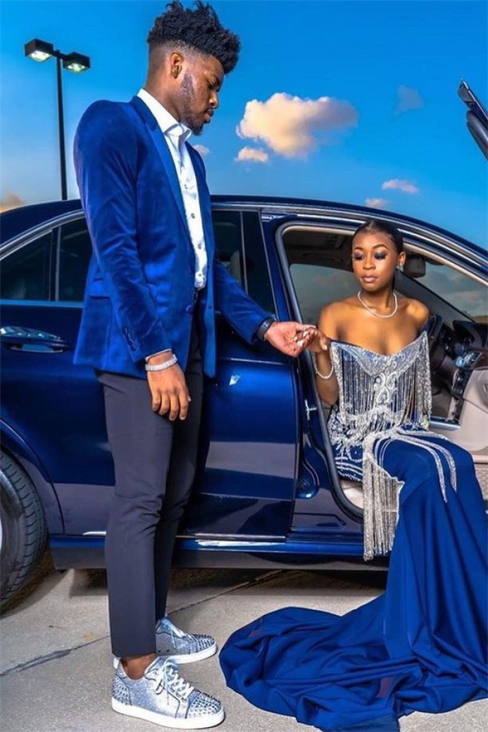 Royal Blue Velvet Prom Outfits | Chic Peaked Laple Men Suit with Two Pieces