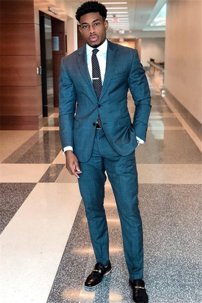 Stylish  Blue Plaid Prom Suit | Formal Business Two Piece Men Suits