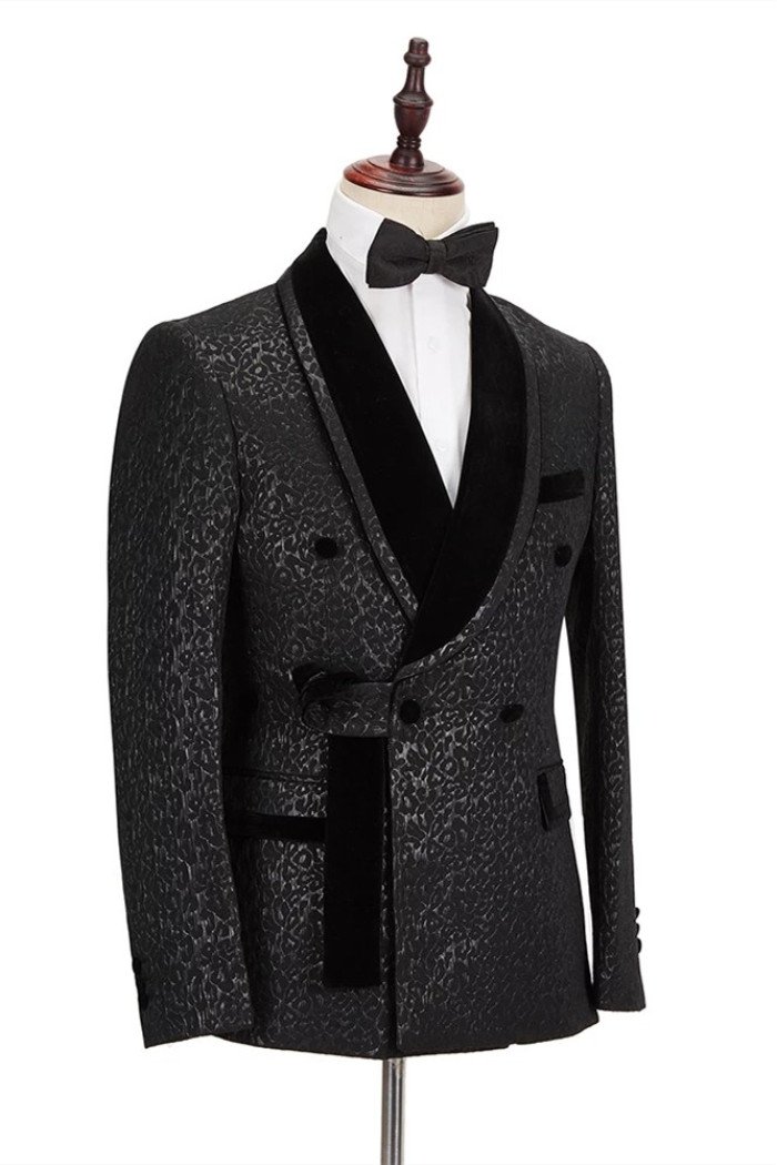Chic Velvet Lapel Double Breasted Prom Suit | Belt Leopard Black Jacquard Men's Suit for Wedding