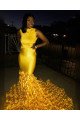 Charming Mermaid Sleeveless Yellow Satin Flower Sweep Train Prom Dresses