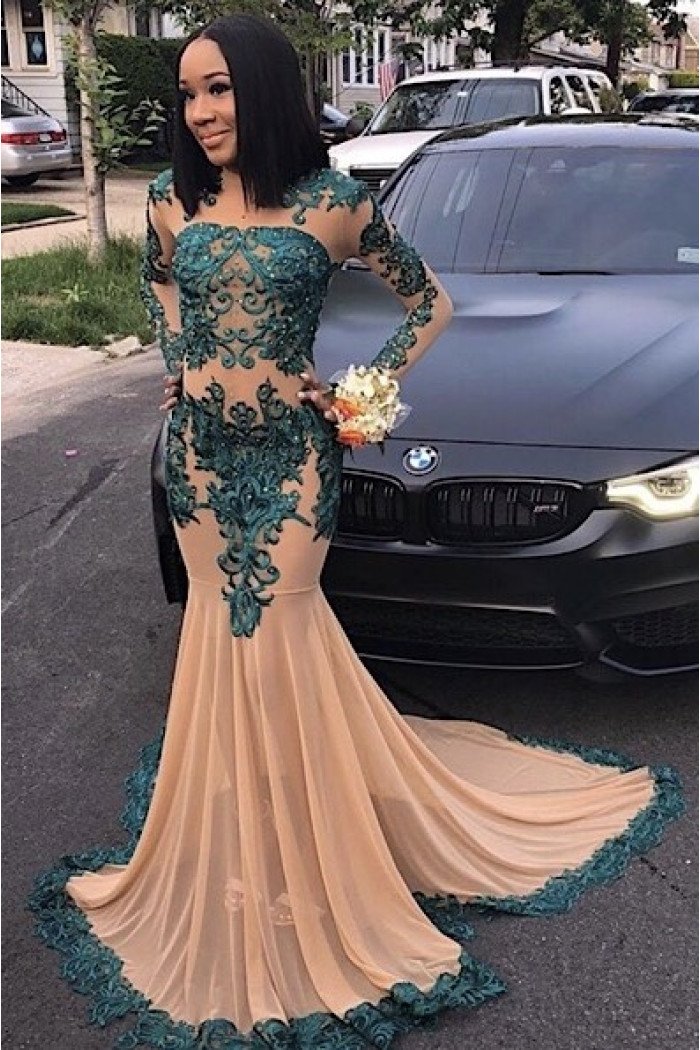 Elegant Long Sleeve Appliques Sheer Tulle Mermaid Prom Dresses for With Train