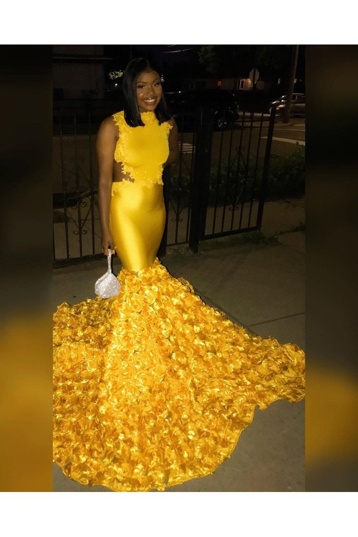 Charming Mermaid Sleeveless Yellow Satin Flower Sweep Train Prom Dresses Charming Mermaid Sleeveless Yellow Satin Flower Sweep Train Prom Dresses