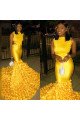 Charming Mermaid Sleeveless Yellow Satin Flower Sweep Train Prom Dresses