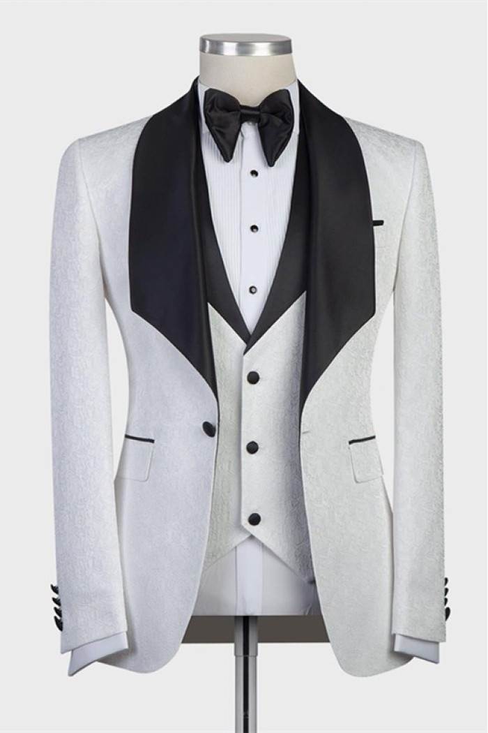Bespoke White Three-Pieces Jacaquard Wedding Groom Suits with Black Shawl Lapel