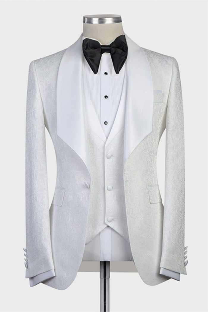 Fashion Bespoke Three-Pieces White Jacquard Shawl Lapel Wedding Tuxedo
