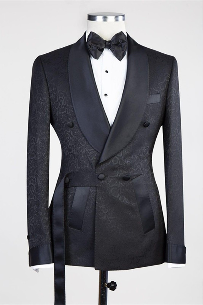 Ernesto Newest Black Double Breasted Shawl Lapel Jacuqard Wedding Suit