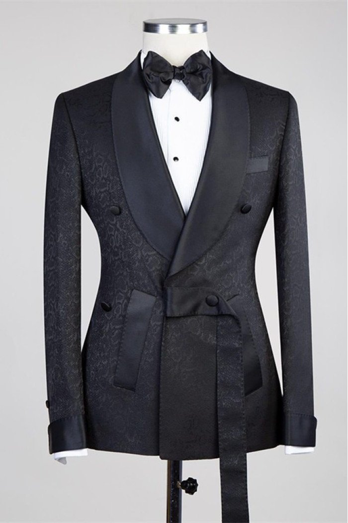 Ernesto Newest Black Double Breasted Shawl Lapel Jacuqard Wedding Suit