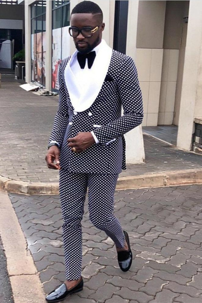 Chic Bespoke Black Dot Double Breasted Mens Suit with White Lapel