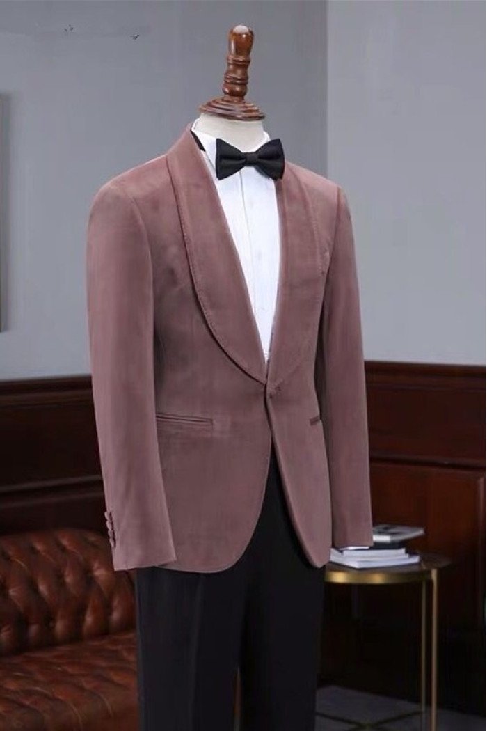 Oliver Chic Stylish Pink Velvet Shawl Laple Men Suits for Wedding
