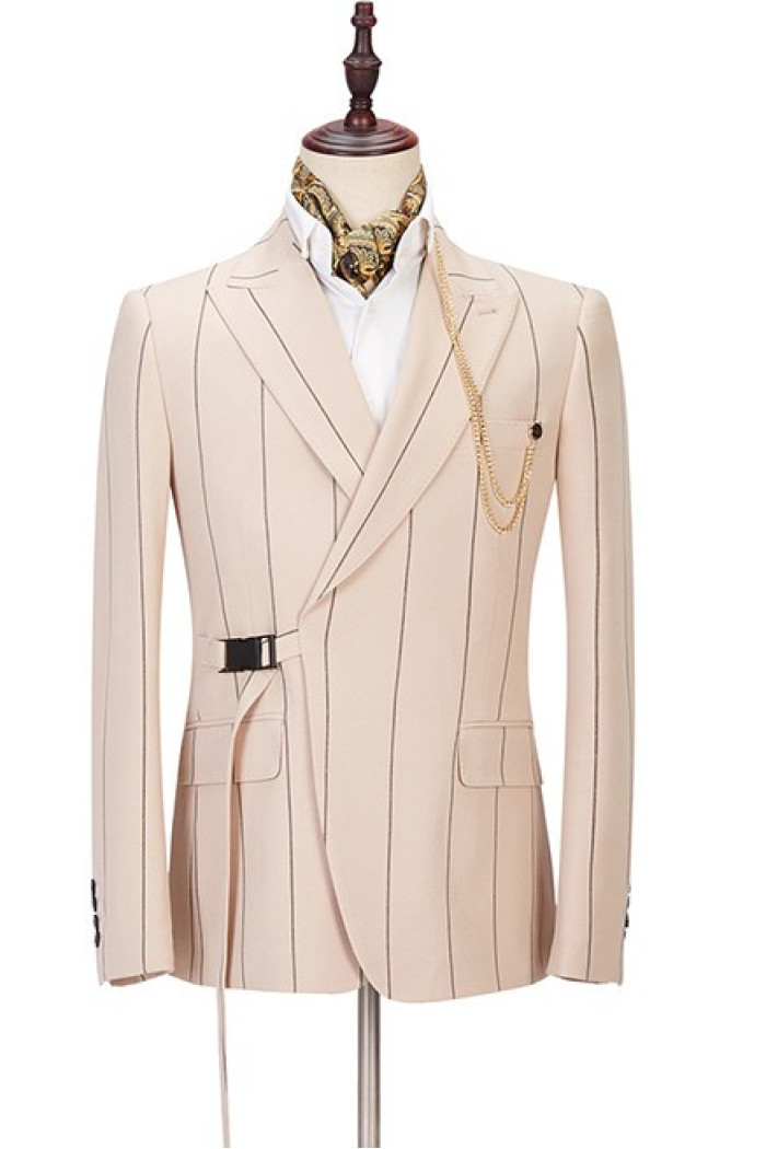 Ivan Light Champagne Stylish Striped Peaked Lapel Prom Men Suits