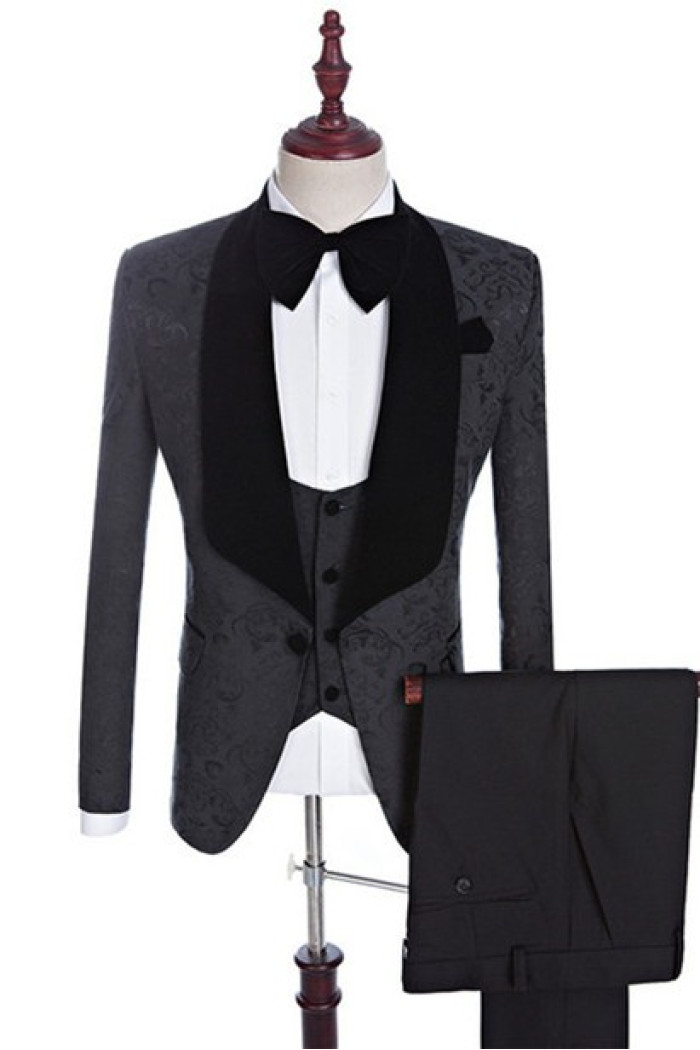 Xander Stylish Black Jacquard Three-Pieces Shawl Lapel Wedding Suits for Men