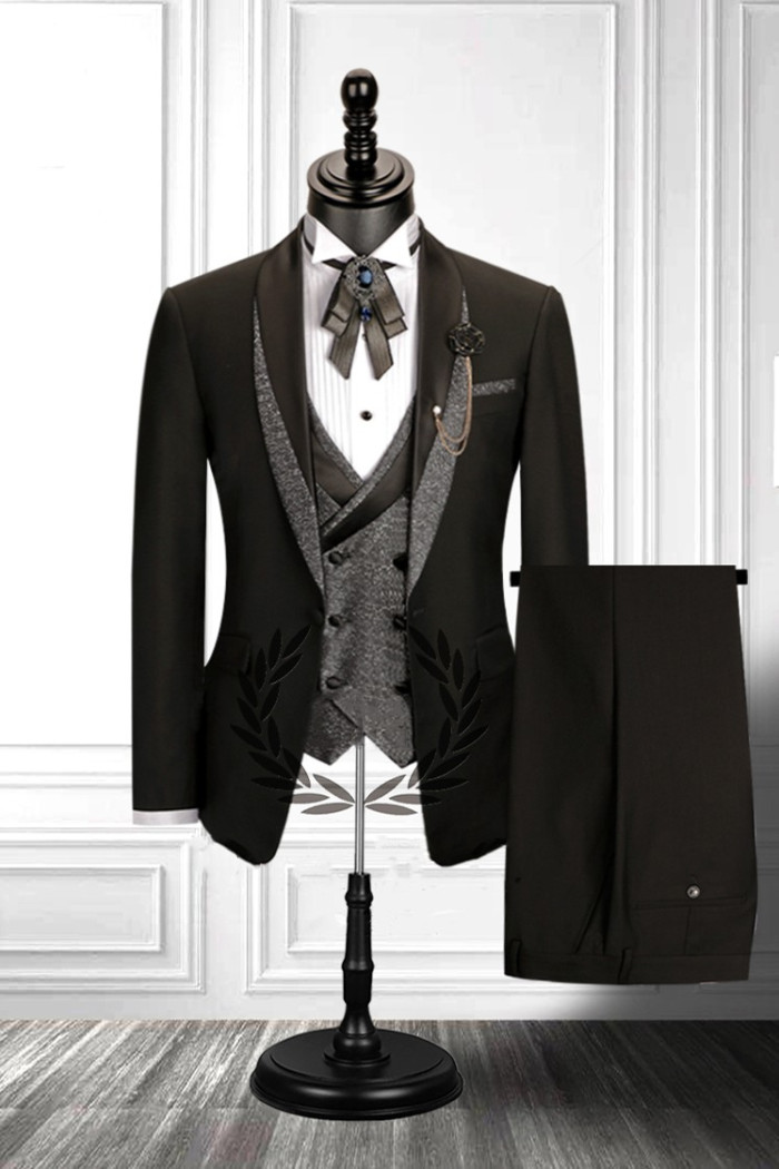 Stitching Shawl Lapel Black Three Pieces Double Breasted Men's Suit