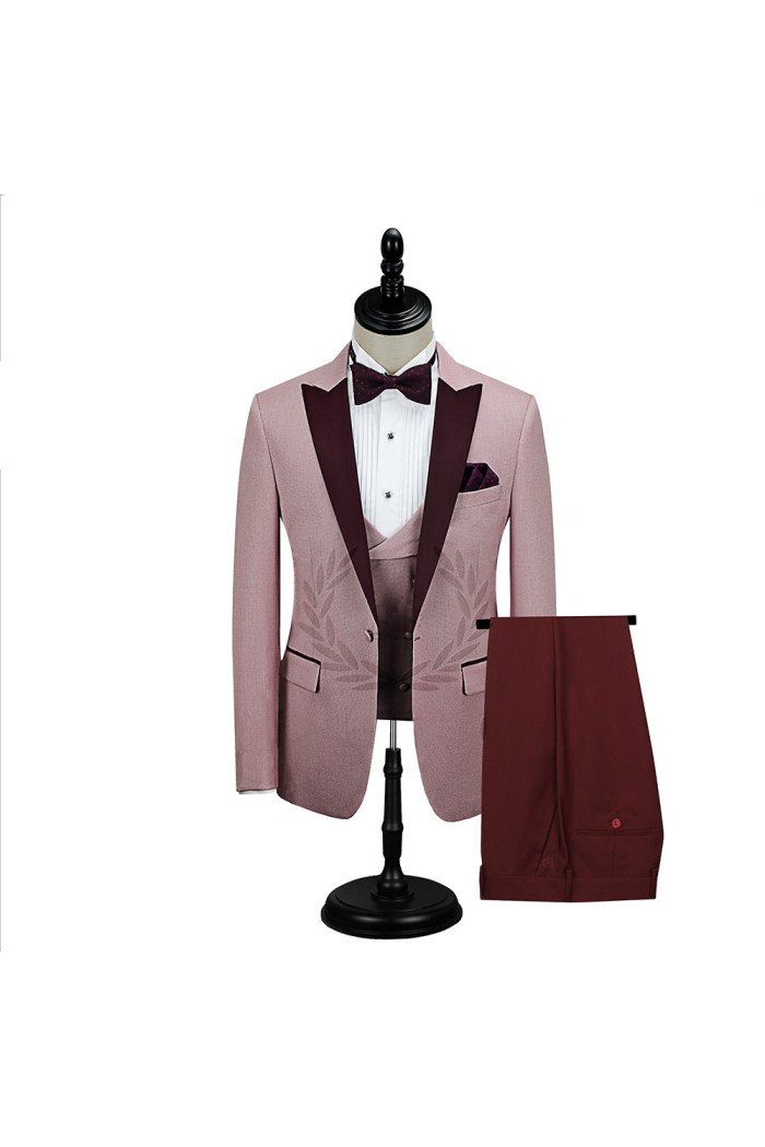 New Arrival Burgundy Peak Lapel Pink One Button Men's Prom Suits