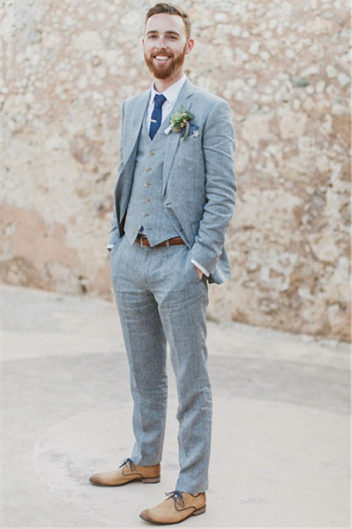 Newest Summer Blue Linen Beach Wedding Suits | Bespoke Men Casual Male Groom Tuxedo