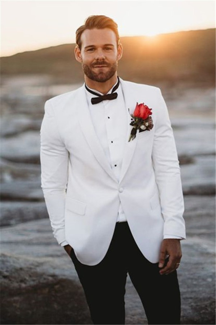 White Mens Wedding Suits Groom Tuxedos | Classic Two Pieces Slim Fit Groomsmen Wear
