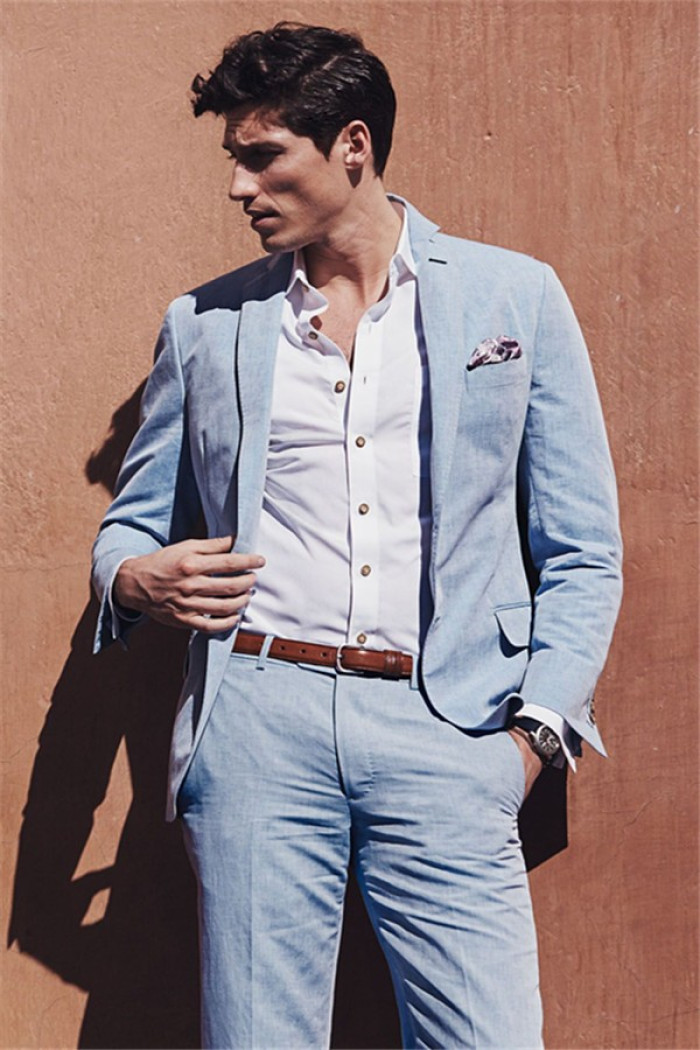 Ronin stylish Casual Sky Blue Summer Men Suits | 2 Pieces Linen Beach Wedding Suits for Men