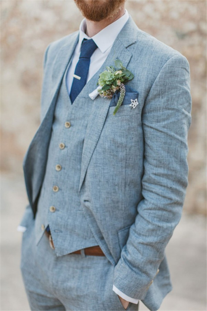 Newest Summer Blue Linen Beach Wedding Suits | Bespoke Men Casual Male Groom Tuxedo