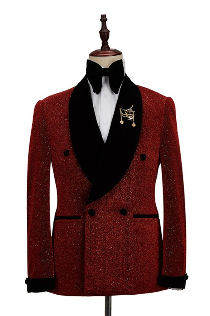 New Arrival Sparkle Red Black Shawl Lapel Double Breasted Stylish Wedding Men Suits