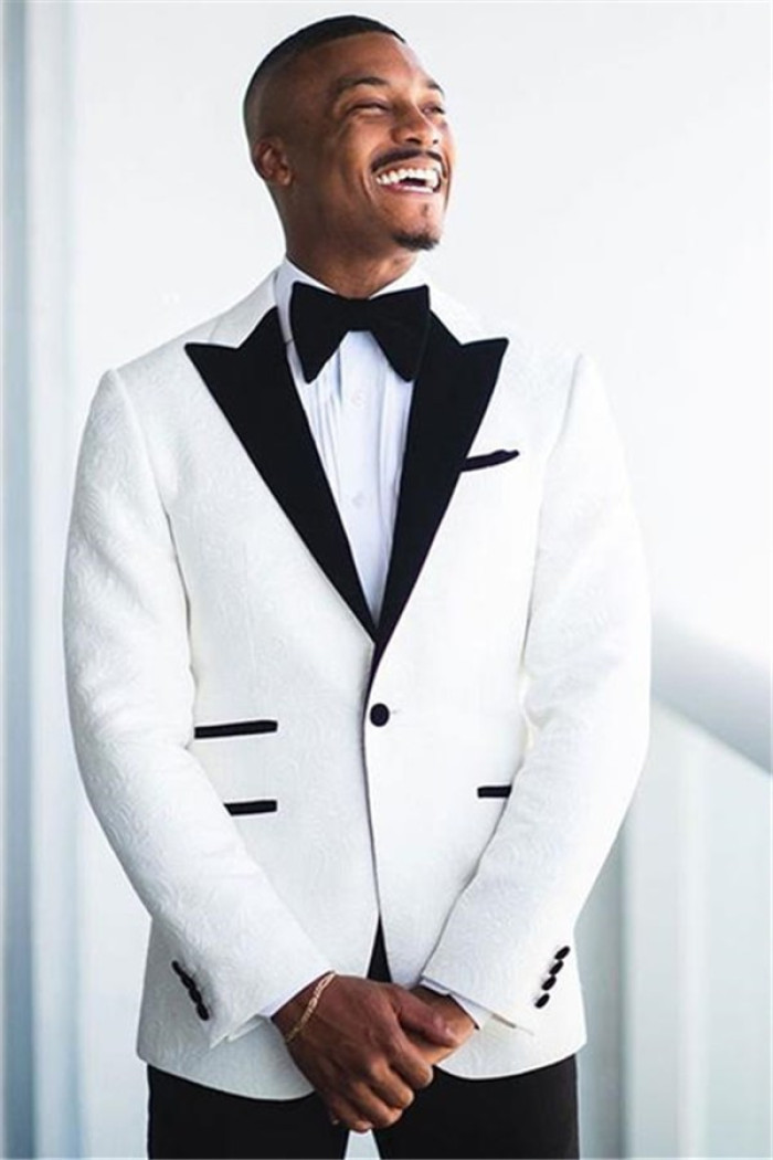 Newest White Jacquard Peaked Lapel Wedding Groom Suit