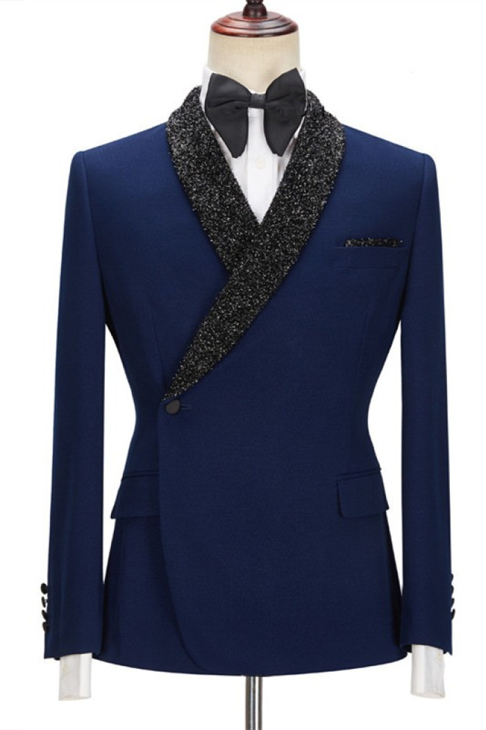 Fashionable Dark Navy Bespoke Close Fitting Men Suits with Black Lapel