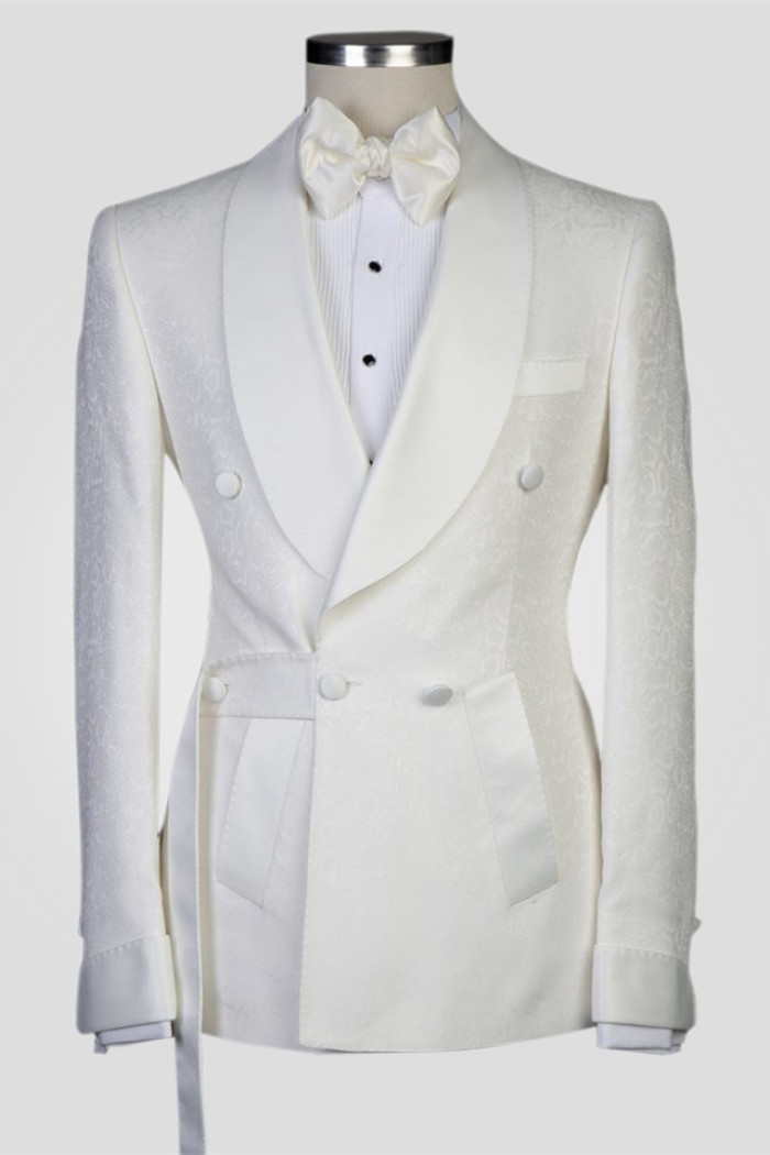 Classic White Jacquard Shawl Lapel Double Breasted Men Suits for Wedding