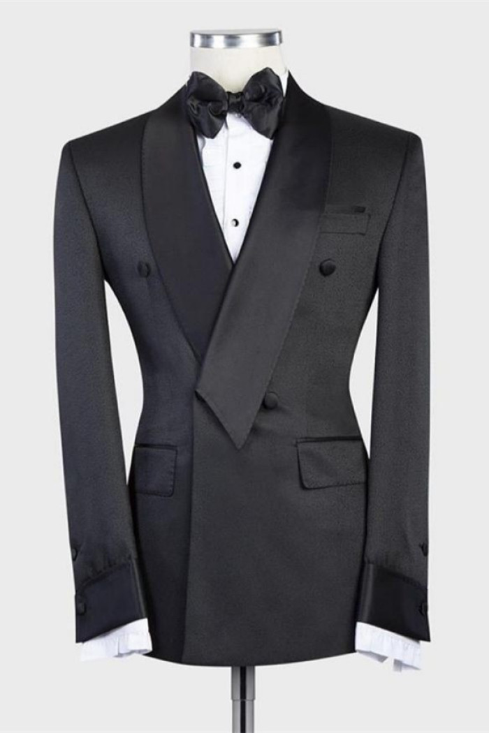 Latest Design Black Double Breasted Shawl Lapel Wedding Men Suit