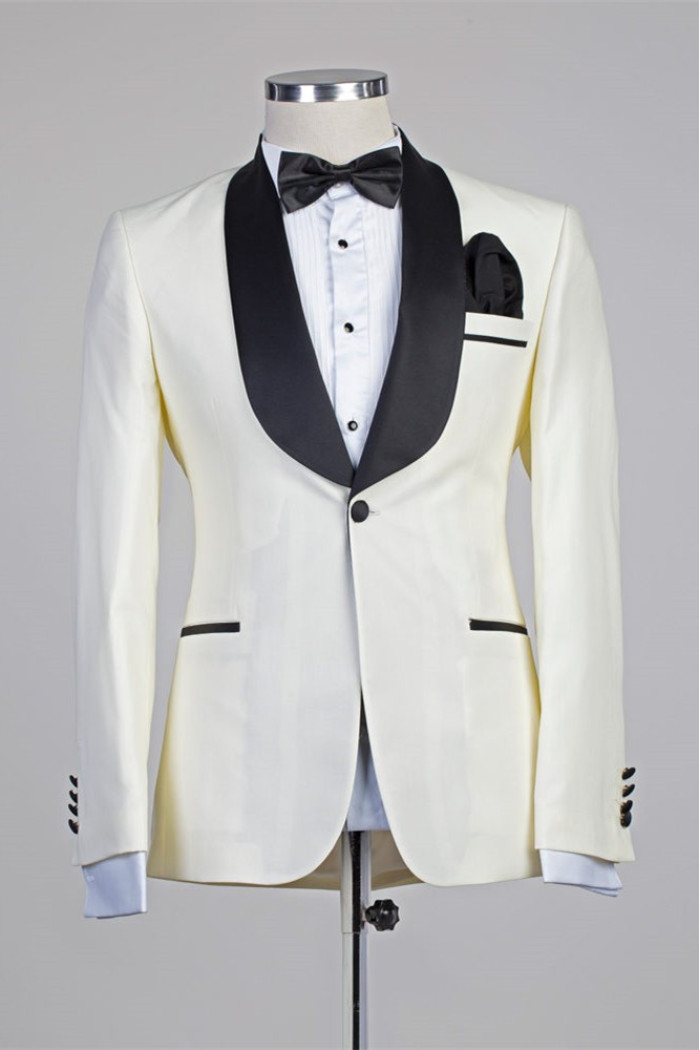 Moses Ivory One Button Simple Close Fitting Wedding Suits with Black Lapel