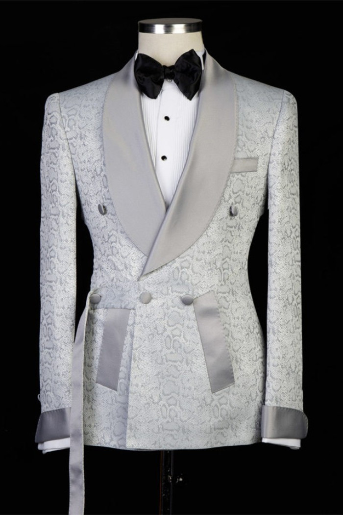 Newest Silver Shawl Lapel Double Breasted Jacquard Wedding Suits