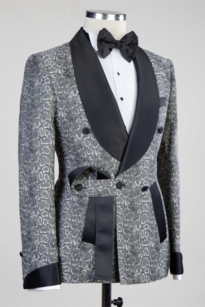Gorgeous Gray Double Breasted Jacquard Wedding Men Suits with Black Lapel