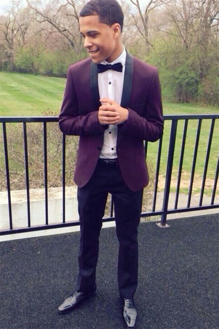 Fashion Purple Men Suits | Close Fitting Fit Prom Suit with Black Lapel
