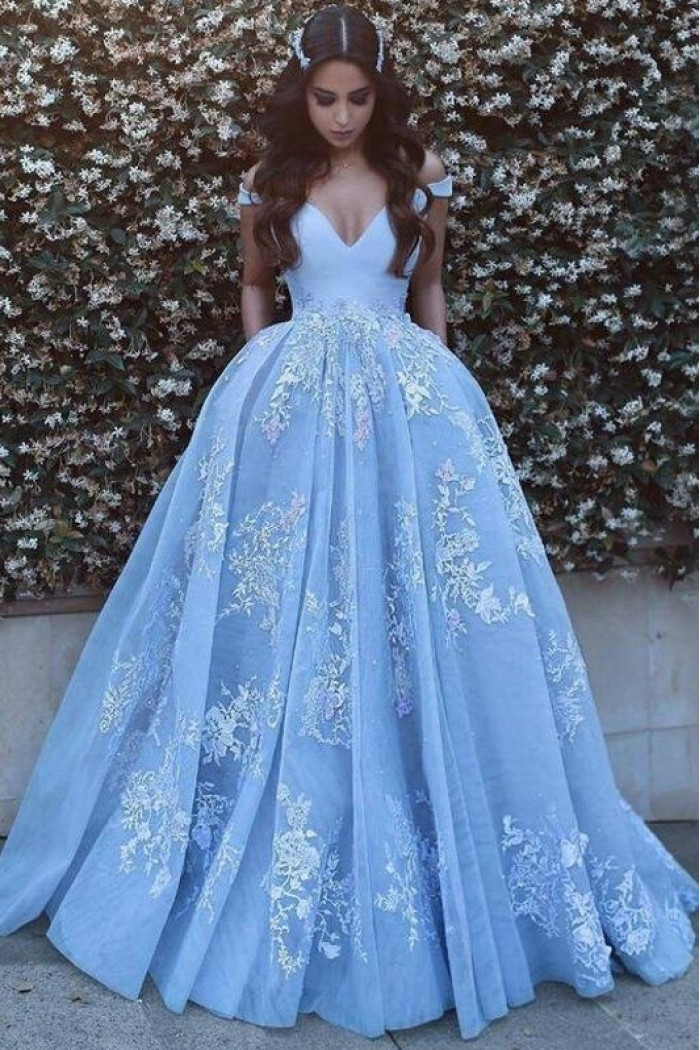 Elegant  A-line Sky Blue Off-the-shoulder Lace Appliques Floor-Length Evening Dresses