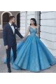 Decent Blue Puffy Lace V-Neck Sleeveless Applique Ball Grown Wedding Dresses